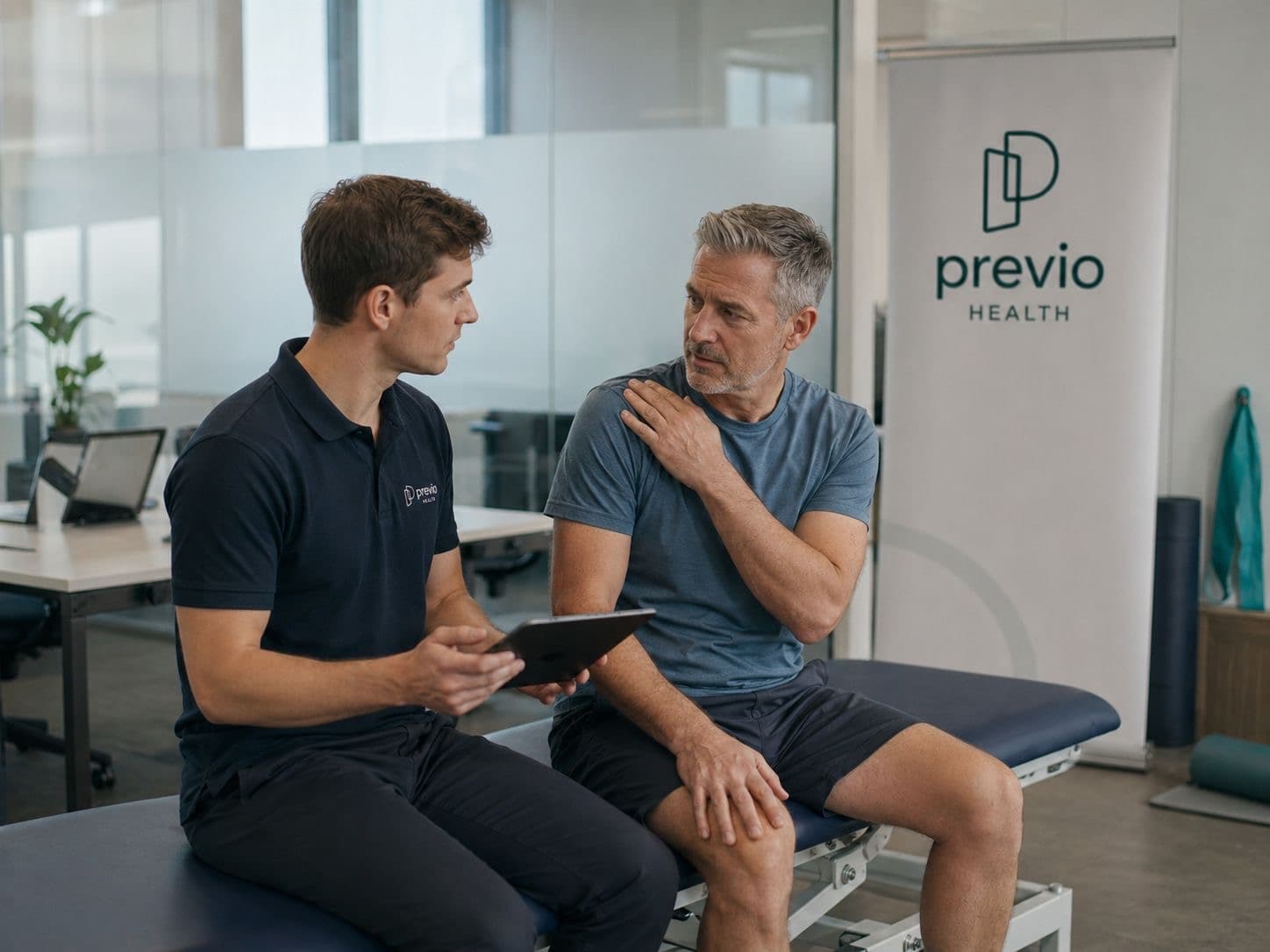 Physiotherapeut zeigt einem Mitarbeiter eine Übung direkt am Arbeitsplatz
